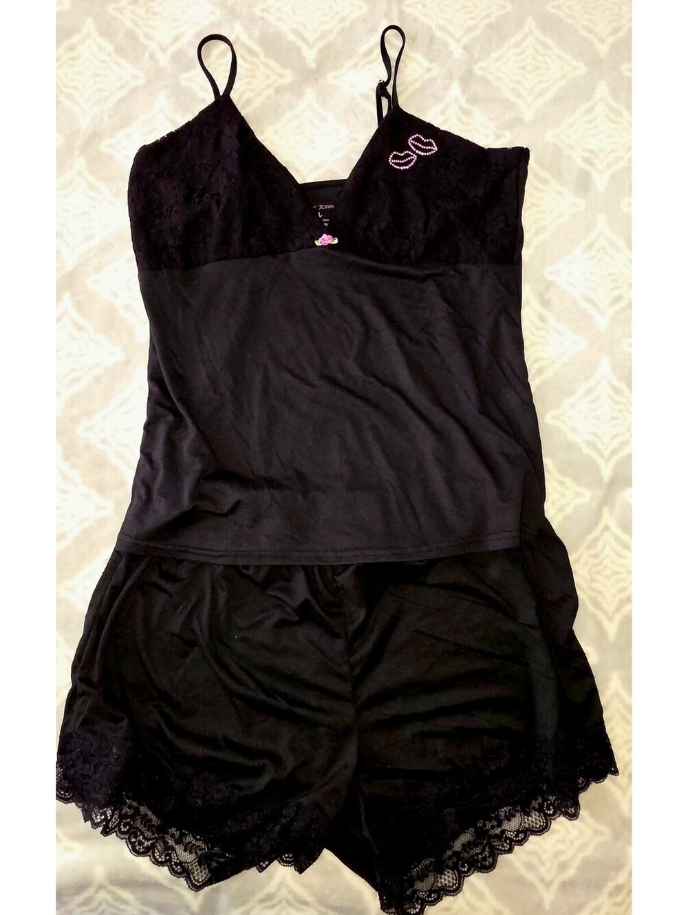 Betsey Johnson Women’s Black Lace Camisole L Bow Rhinestone Adjustable Straps